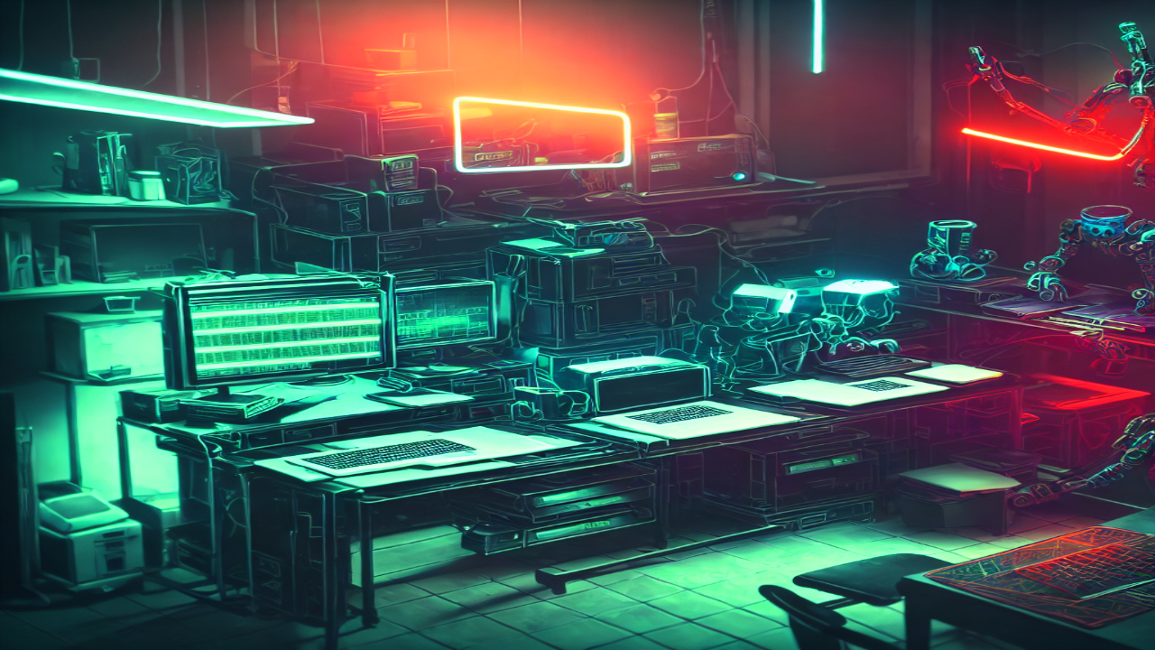 Cyberpunk developer workspace